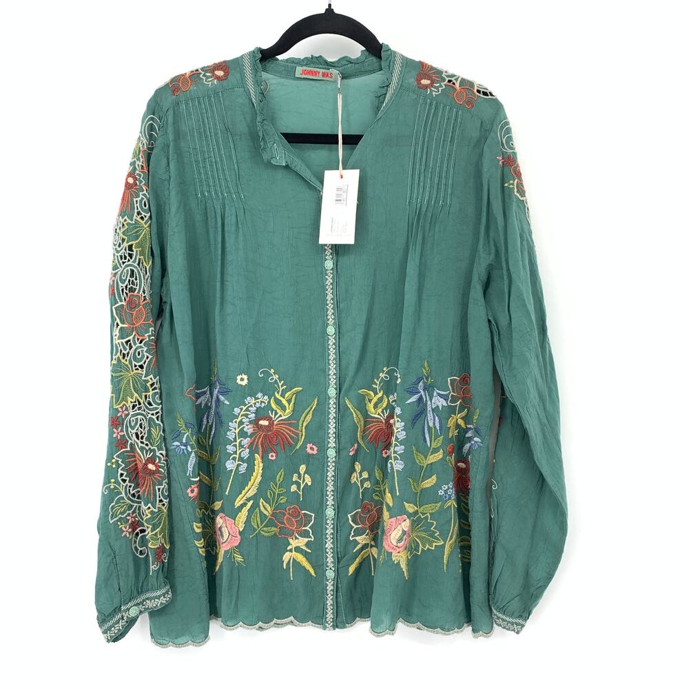 Johnny Was Ruelle Blouse Button Down Long Sleeve Embroidered Womens L Jade Green